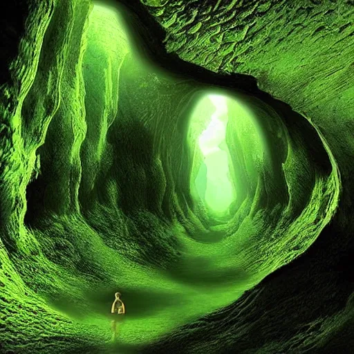 Prompt: a green canyon filled with giant eyes and weird creatures who breath fire