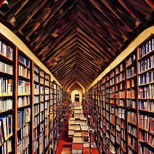 “Dark dingy wet library with stacks of books in piles Stable