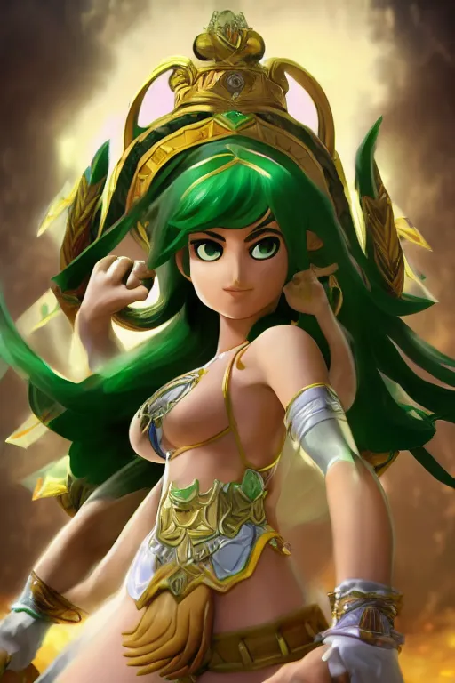 Image similar to portrait, head and torso only, palutena in a victorious stance, trending on artstation, concept art, movie poster, fine detail, unreal engine, masterpiece, 4 k, hd