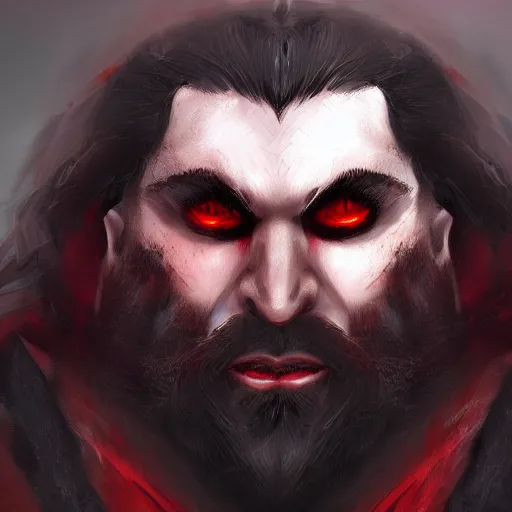 Prompt: portrait of bearded male dwarven vampire with intense evil red eyes like dracula, concept art, fantasy, artstation, hd 4 k