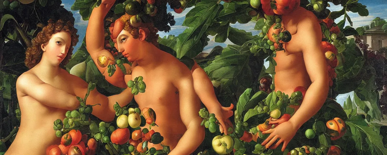 Image similar to cyborg and human, garden with fruits on trees, closeup, ultra detailed, Guido Reni style