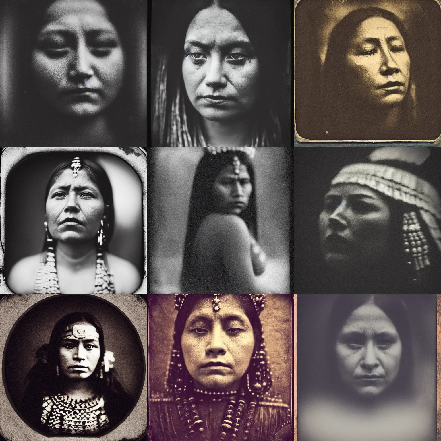 Prompt: a tintype photo of a mourning mayan queen, deep focus, closeup, dramatic lighting, monochrome, instagram, trending, photograph, film grain and noise, vignette, post-production