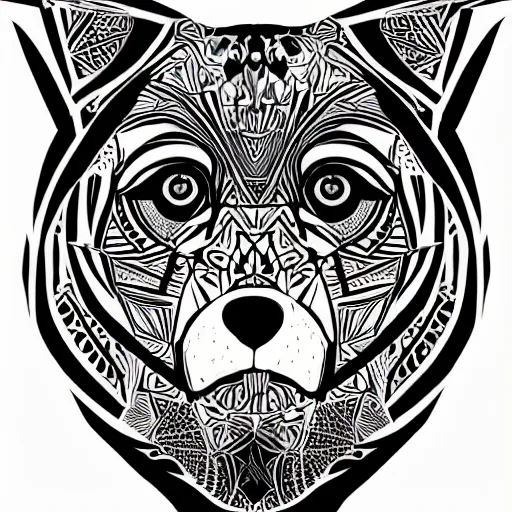 Image similar to <https://s.mj.run/xnm80wAjy-Q> Graphic art of a canine, orange black and whites, geometric style, highly stylized, trending on artstation, shepard fairey