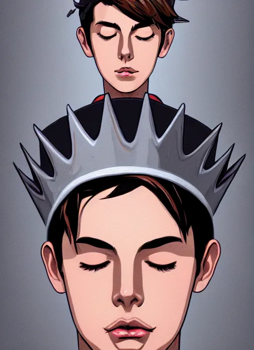 Image similar to portrait of teenage jughead jones wearing a light grey crown, crown, hamburger background, eyes closed, crown, black hair, orange, intricate, elegant, glowing lights, warm lighting, highly detailed, digital painting, artstation, concept art, smooth, sharp focus, illustration, art by wlop, mars ravelo and greg rutkowski