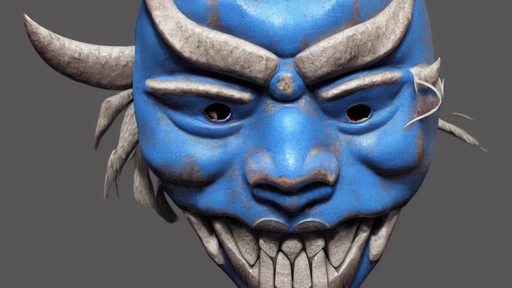 Prompt: a photorealistic blue japanese oni mask, japanese pottery, colorful, metal, trending on cgsociety, sharp focus, ultra realistic details, cinematic atmosphere, global illumination, shadows, octane render, 8 k