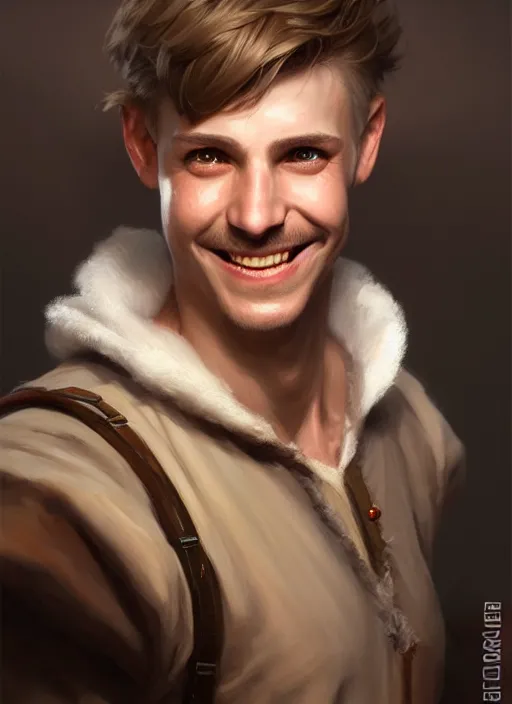 Image similar to a _ fantasy _ style _ portrait _ painting _ of white male short fringe light brown hair short face grinning, rpg dnd oil _ painting _ unreal _ 5 _ daz. _ rpg _ portrait _ extremely _ detailed _ artgerm _ greg _ rutkowski _ greg