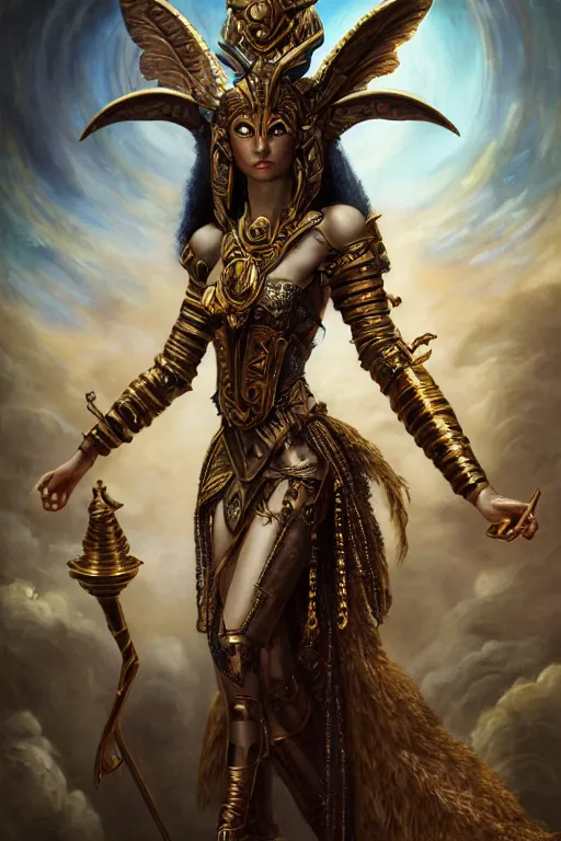 Prompt: Mystical Valkyrie, Portrait of a beautiful female Atlantean Anubis Alien Warrior, Realistic, Regal, Refined, Detailed Digital Art, François Boucher, Oil Painting, Michael Cheval, Steampunk, Walt Disney (1937), Highly Detailed, Cinematic Lighting, Unreal Engine, 8k, HD