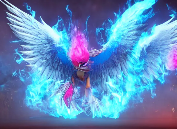 Image similar to pink and blue flaming phoenix, unreal engine 5, intricate, detailed, realistic