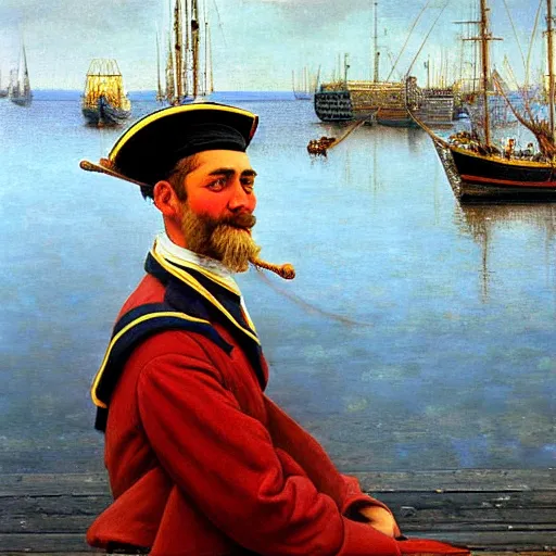 Prompt: painting of sailor boy hyperrealism vasily vereshchagin at harbor