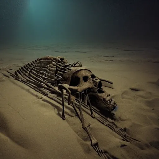 Image similar to a mysterious terrifying detailed skeleton buried in sand at the bottom of the deep ocean, dark tones, horror art, apocalyptic, volumetric light
