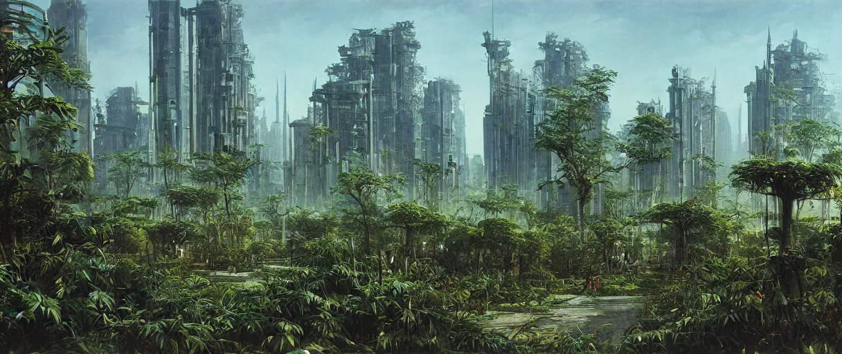 Image similar to matte painting of high tech city overgrown with plants, vincent di fate, masterpiece,