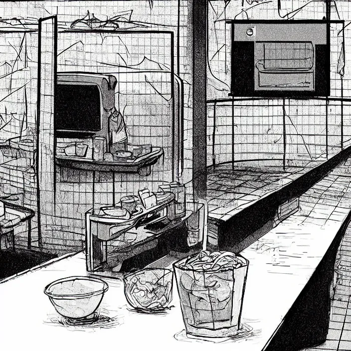 Prompt: close - up on poor quality food, water, and gruel : on a table. background : empty minimalist interior of a dirty automated kiosk, black tiles on walls. black and white, pencil and ink. by gabriel hardman, joe alves, chris bonura. cinematic atmosphere, detailed and intricate, perfect anatomy