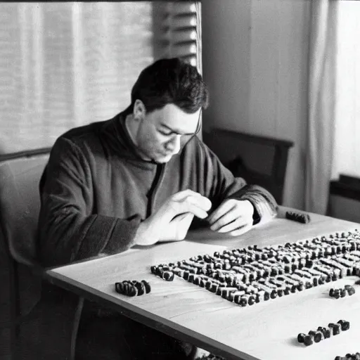 Image similar to Mike tysen sitting at a table using an abacus to count