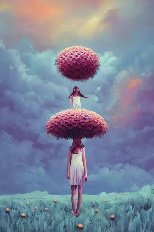 Prompt: closeup, giant daisy flower under head, girl between monsteras, surreal photography, wind and cold, dramatic sky, impressionist painting, digital painting, artstation, simon stalenhag