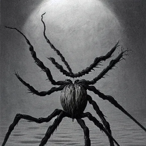 Image similar to huge spider-like creature by Zdzisław Beksiński, caretaker, cosmic horror, darkwave, concept by Alastair Reynolds