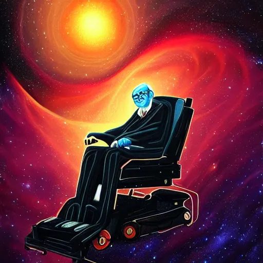 Image similar to stephen hawking with space in the background, universe, galaxies, planets, black hole, by anato finnstark