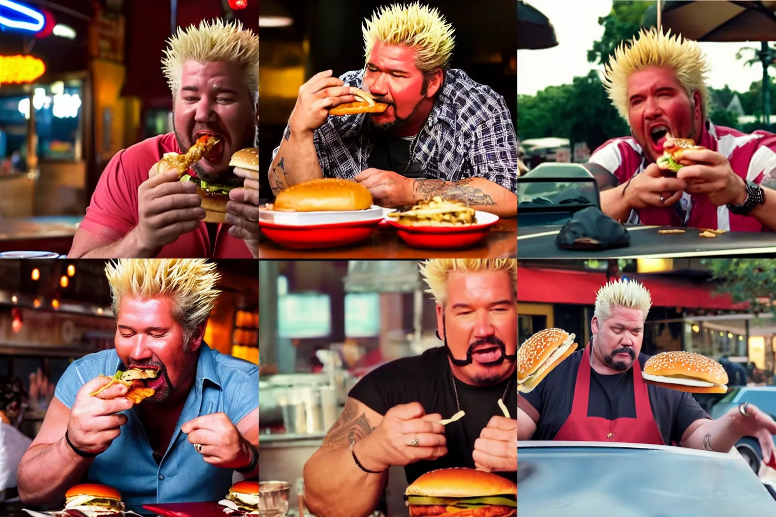 Prompt: still from a movie with Guy Fieri drunk and eating a burger like David Hasselhoff, award-winning cinematography, 4k