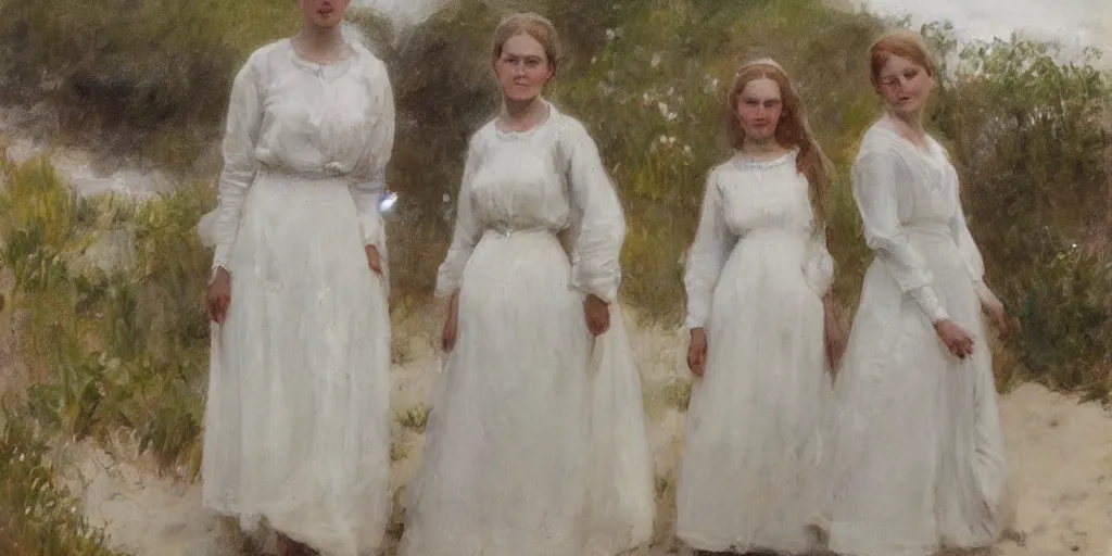 Image similar to Two young Edwardian women wearing white dresses standing on a sandy beach in Sweden, in the style of Anders Zorn