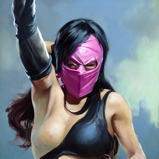 Image similar to greg manchess portrait painting of mileena from mortal kombat wearing a mask covering her mouth as overwatch character, medium shot, asymmetrical, profile picture, organic painting, sunny day, matte painting, bold shapes, hard edges, street art, trending on artstation, by huang guangjian and gil elvgren and sachin teng