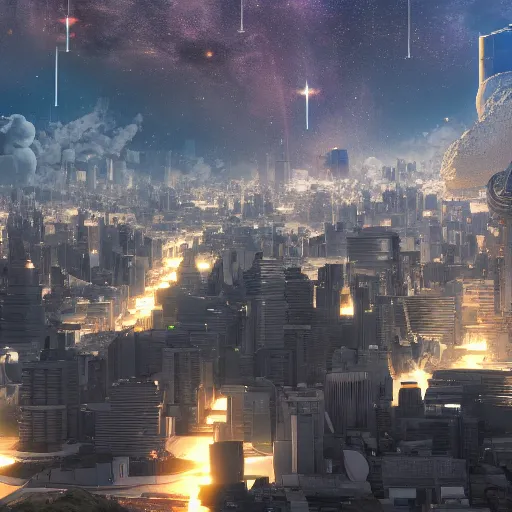 Prompt: gigantic city seen from spce with cinematic light, 8 k landscape render, space japan mech in the space