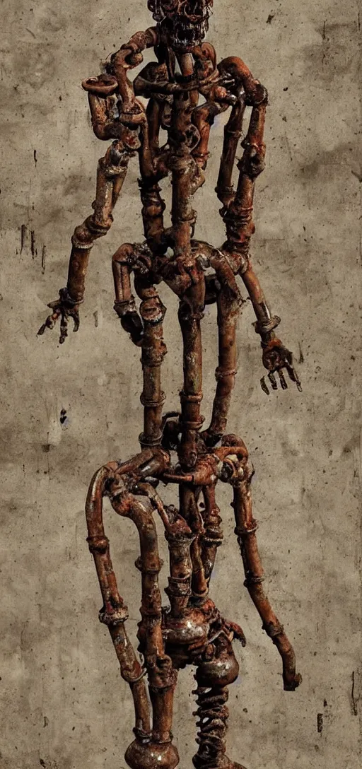 Image similar to a disfigured humanoid figure made out of rusty pipes and machinery, horror, body horror, creepy, dark, disturbing, unsettling, hyperrealistic, dramatic,