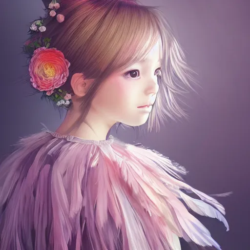 Image similar to little girl with flowers in hair wearing an dress made of feathers, anime style, art by ilya kuvshinov, 8 k, concept art