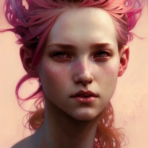 Image similar to Portrait of a tomboy with pink hair, glowing skin, fantasy, intricate, elegant, highly detailed, digital painting, artstation, concept art, smooth, sharp focus, illustration, art by Krenz Cushart and Artem Demura and alphonse mucha