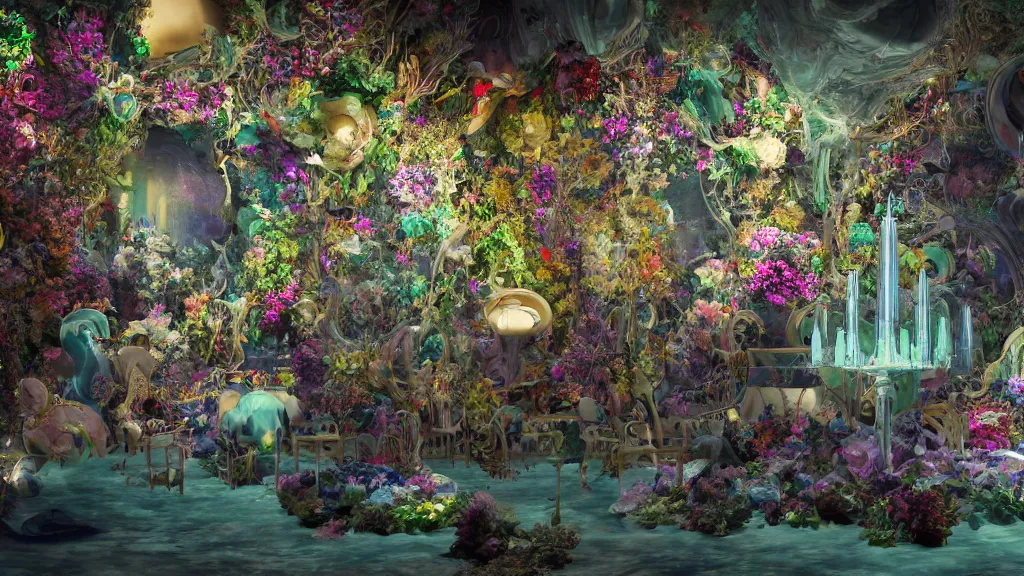 Image similar to a centered render of intricate modular synthesizer of cenacolo vinciano, shining its light across a tumultuous sea of flowers, undersea animals, gothic crystal tables and chairs by dorothea tanning and salvador dali, trending on artstation, cyber punk, soft color, unreal engine, high detailed, 8 k