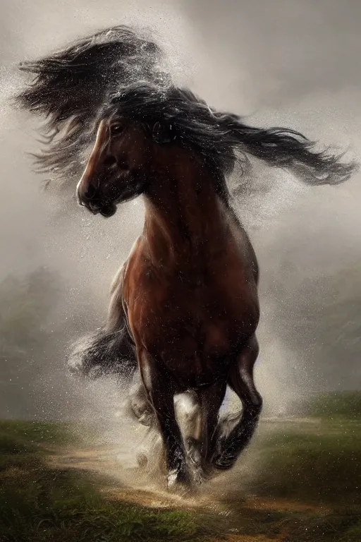 Image similar to Greek shire horse running in the rain, 4k detailed hyperrealistic digital photo by Justin Gerard, Beeple, Gustave Dore, Artstation, CGsociety