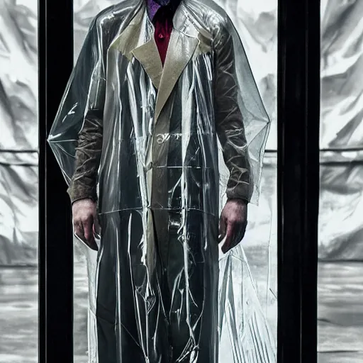 Image similar to The Joker (2019) wearing a transparent raincoat