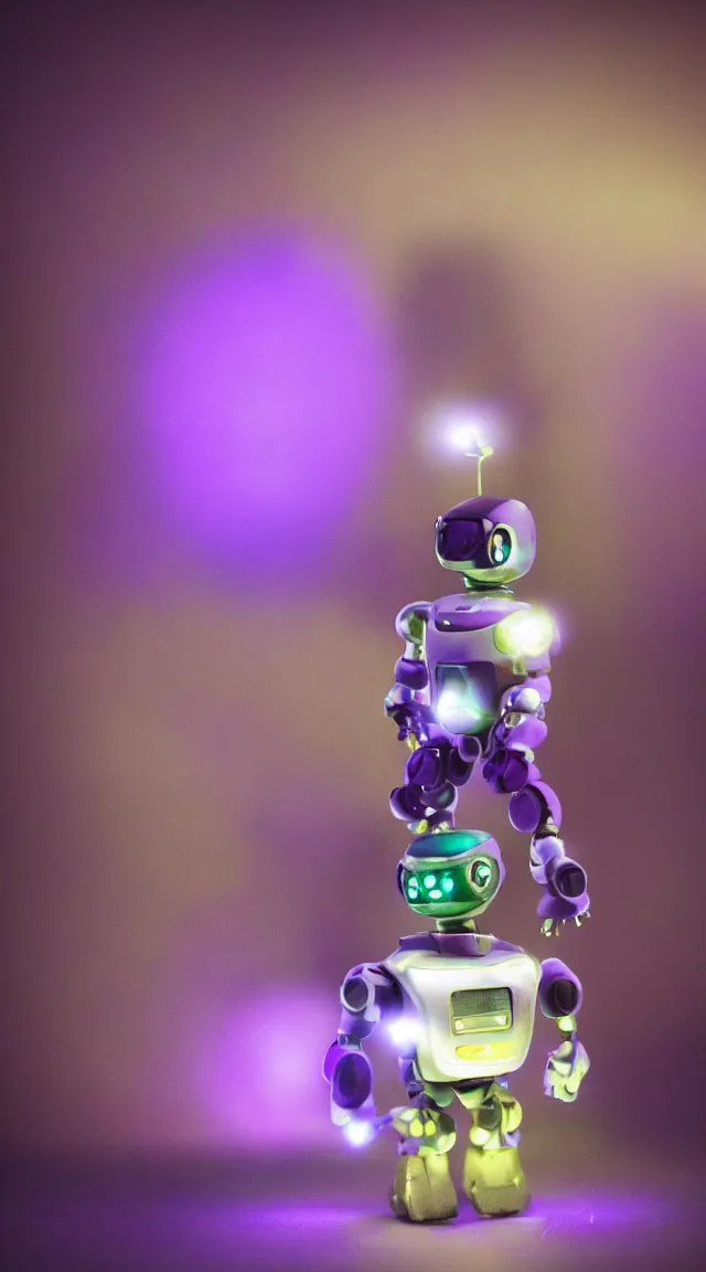 Image similar to portrait of a tiny robot with purple lights, professional photo, hdr, bokeh, sci fi, tiny castle, fantasy