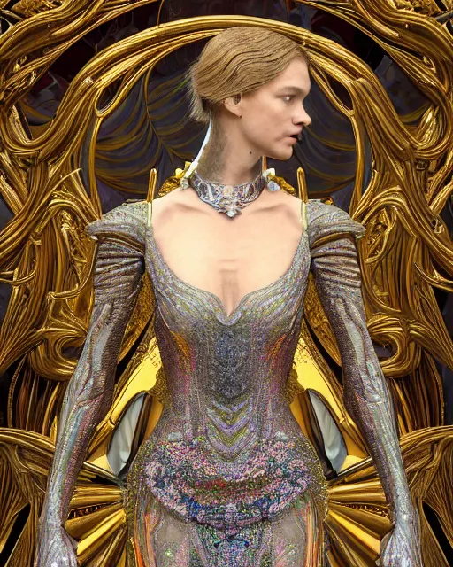 Prompt: a highly detailed metahuman 8 k close up render of natalia vodianova renaissance in iris van herpen dress schiaparelli in diamonds crystals swarovski and jewelry iridescent in style of alphonse mucha gustav klimt trending on artstation made in unreal engine 4