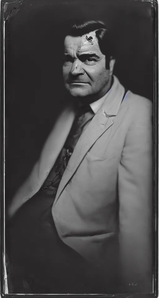 Prompt: a wet plate photograph, a portrait of Jim Jones