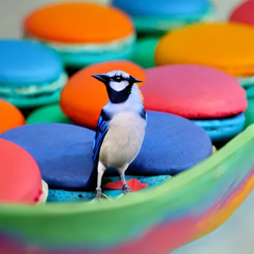 Image similar to A photograph of a (photorealistic blue jay) standing on a large basket of rainbow macarons.