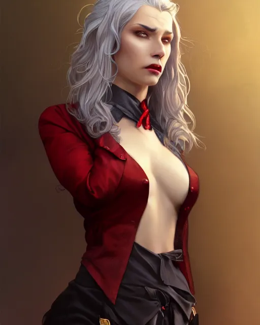 Image similar to female vampire, gold waistcoat, red shirt, grey hair, red necktie, cinematic, stunning, highly detailed, digital painting, artstation, smooth, hard focus, full body shot, illustration, art by artgerm and greg rutkowski and alphonse mucha