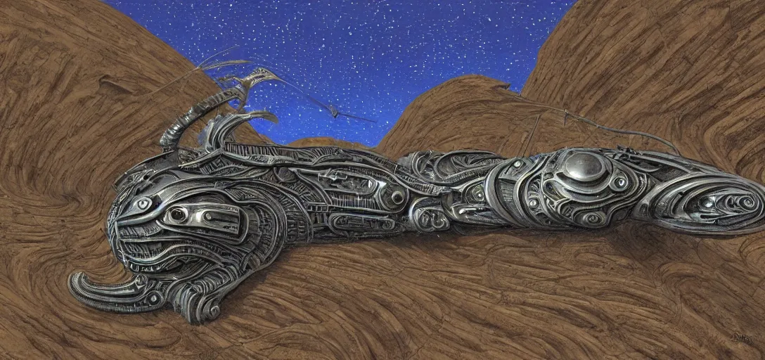 Image similar to Dune spaceship by H.R. Giger taking off from Machu Picchu hidden city, pen and ink, photographic reality, hyperreal , complete scene, ornate, details, smooth, sharp focus, illustration, realistic, cinematic, artstation, award winning, rgb, ethereal blue lighting, biomechanical mask. bio luminescent biomechanical, halo, jellyfish. , unreal engine, octane render, cinematic light, iridescent details, iridescent colors, dichroic, macro, depth of field, blur, 8K,