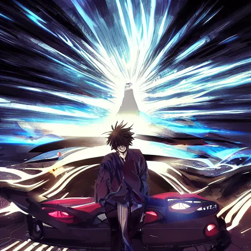 Prompt: professionally drawn anime manga cover, light waves, detailed vehicles, superheroes, dreamy