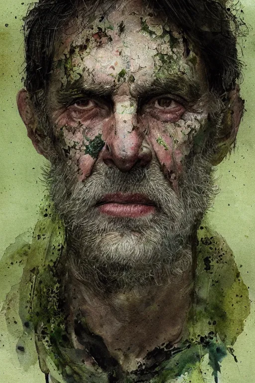 Image similar to portrait of hairy old man with aquarelle painted skin. close up. very dark black hair, green eyes. intricate dark flowers pattern in face and background, high detail, by greg rutkowski