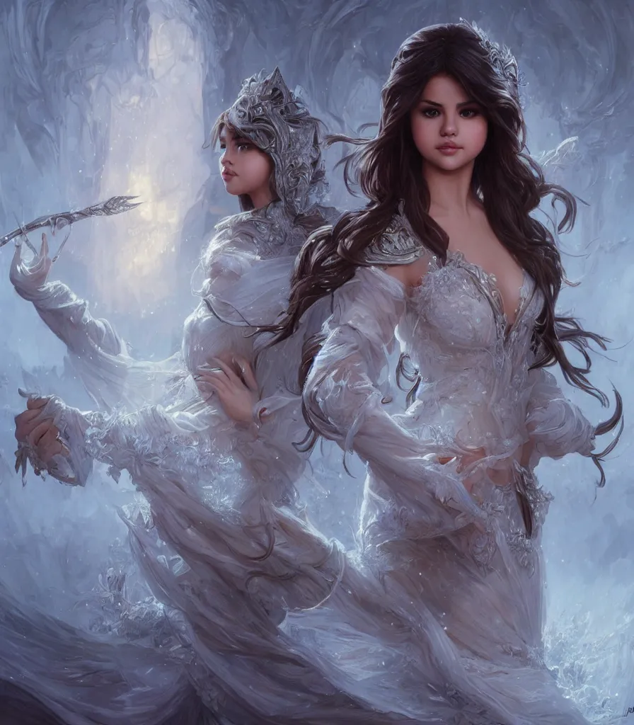 Image similar to Selena Gomez casting an frost spell, D&D, fantasy, intricate, elegant, highly detailed, digital painting, artstation, concept art, matte, sharp focus, illustration, hearthstone, art by Artgerm and Greg Rutkowski and Alphonse Mucha