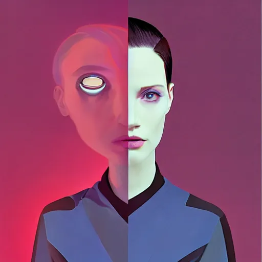 Image similar to portrait handsome androgynous sci - fi girl, blade runner 2 0 4 9, futuristic metropolis, digital art, pop art by hsiao - ron cheng and george tooker