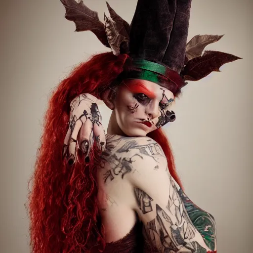 Image similar to A detailed portrait of wizard elf with red hairs and tattoos by Peter Kemp and Monia Merlo