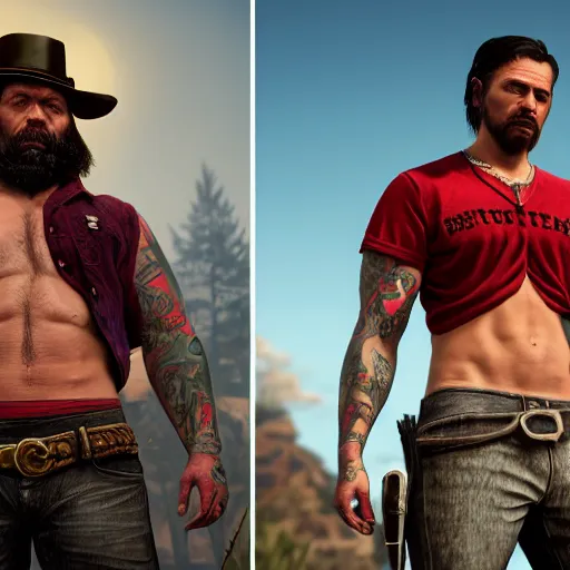 Image similar to highly detailed portrait of a tattooed gym bro in red dead redemption 2, stephen bliss, unreal engine, fantasy art by greg rutkowski, loish, rhads, ferdinand knab, makoto shinkai and lois van baarle, ilya kuvshinov, rossdraws, tom bagshaw, global illumination, radiant light, detailed and intricate environment