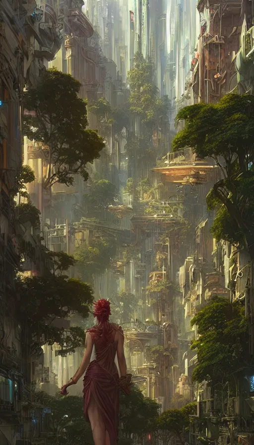 Image similar to hyper realistic cyberpunk city, overtaken by lush plants, gnarly trees by tom bagshaw, mucha, gaston bussiere, craig mullins, j. c. leyendecker 8 k