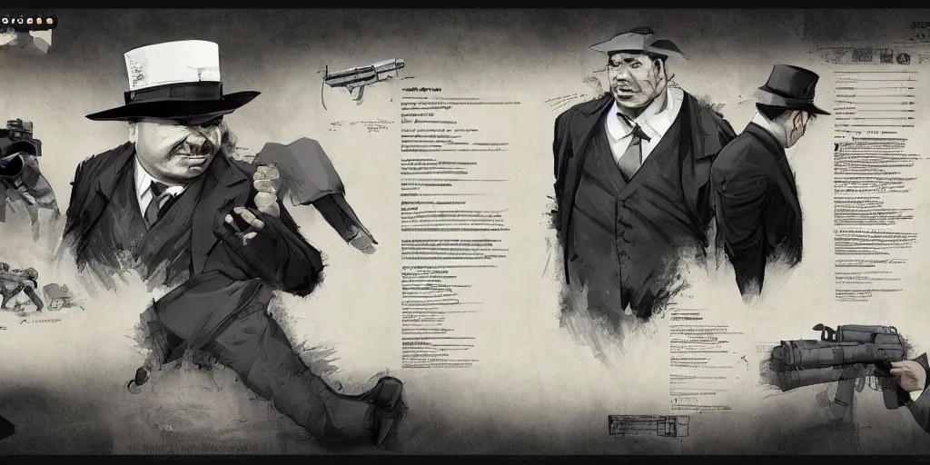 Prompt: al capone, character sheet, concept design, contrast, kim jung gi, greg rutkowski, zabrocki, karlkka, jayison devadas, trending on artstation, 8 k, ultra wide angle, pincushion lens effect