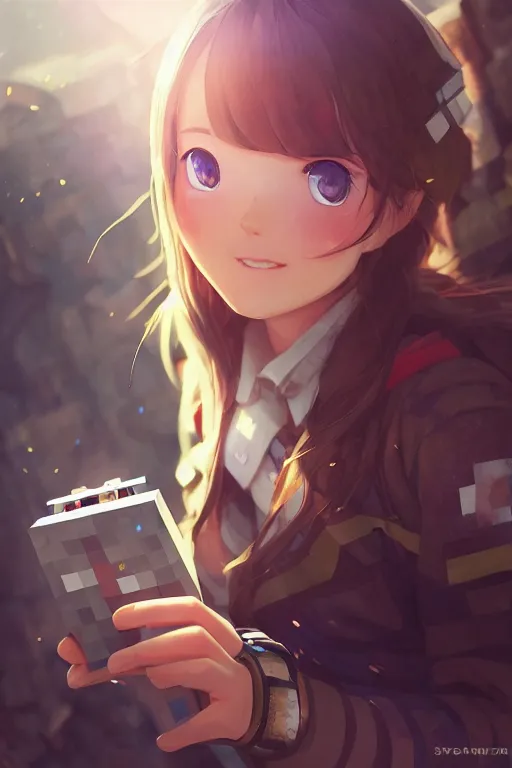 Image similar to steve from minecraft, full face, anime, fantastic details, pixiv, hyperdetailed unreal engine, stanley artgerm lau, wlop, rossdraws, james jean marc, simonetti ruan jia and mandy jurgens and artgerm and sakimichan, yuru camp, moe, illustration, digital art, concept art, manga cover