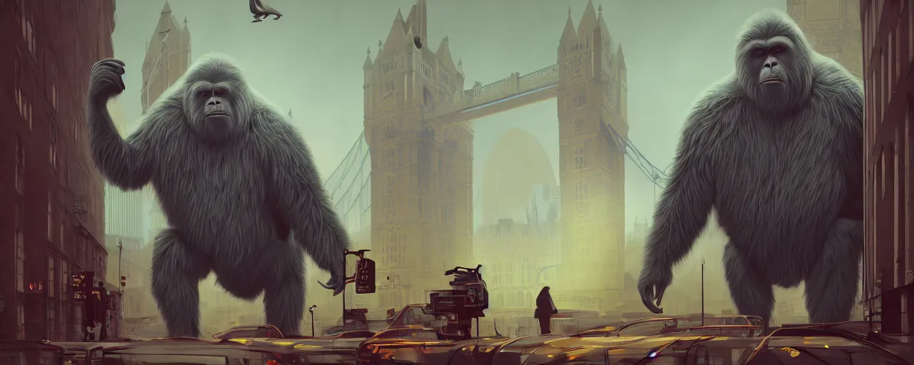 Image similar to duotone concept illustration 3 / 4 portrait of majestic yeti and visiting london natural history museum. cinematic scene. vlumetric lighting. golden rario accidental renaissance. by sachin teng and sergey kolesov and ruan jia and heng z. graffiti art, scifi, fantasy, hyper detailed. octane render. concept art. trending on artstation