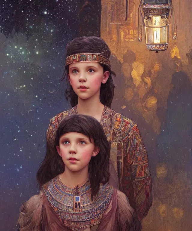 Prompt: a beautiful painting of a girl resembling millie bobby brown at the lantern festival in a an ancient egyptian town, at night with a sky full of stars, intricate, elegant, highly detailed, digital painting, artstation, concept art, by krenz cushart and artem demura and alphonse mucha