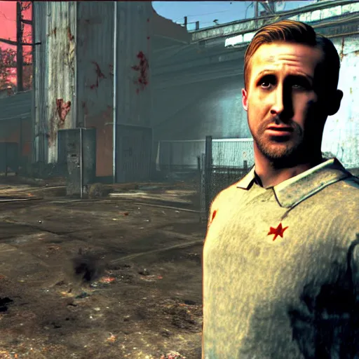 Prompt: ryan gosling in fallout 4 in a slave cage