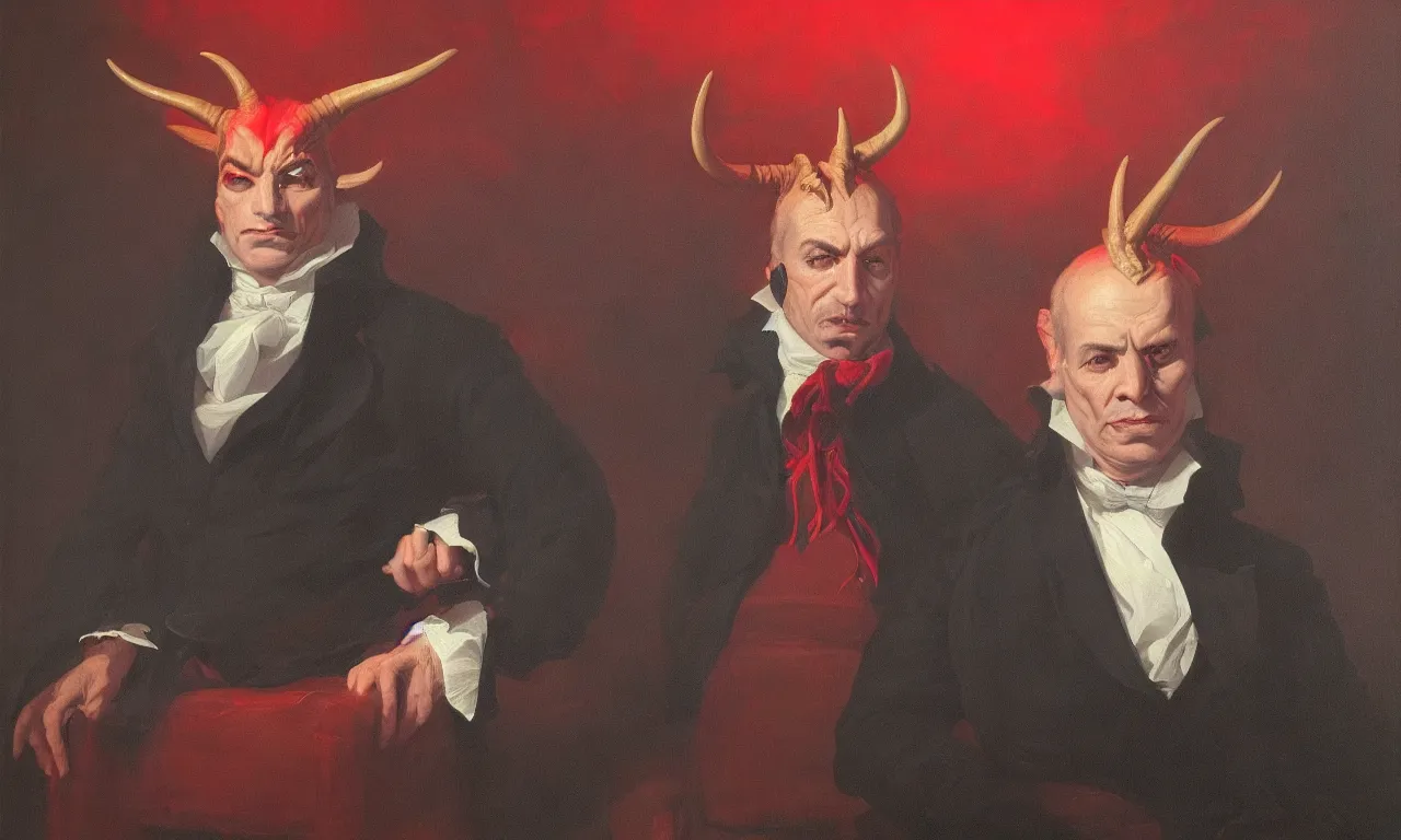 Image similar to portrait of a dignified demon executive with small horns, by asher brown durand, trending on artstation, 8 k resolution, red lights, cyberpunk, demonic symbols