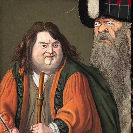 Image similar to a realistic 1 7 th century portrait of harry potter, a man with scottish features and exceptionally large bagpipes wearing quilts and wielding a wand. very pale, with a large pointy nose. hagrid in the background and hedwig on his shoulder